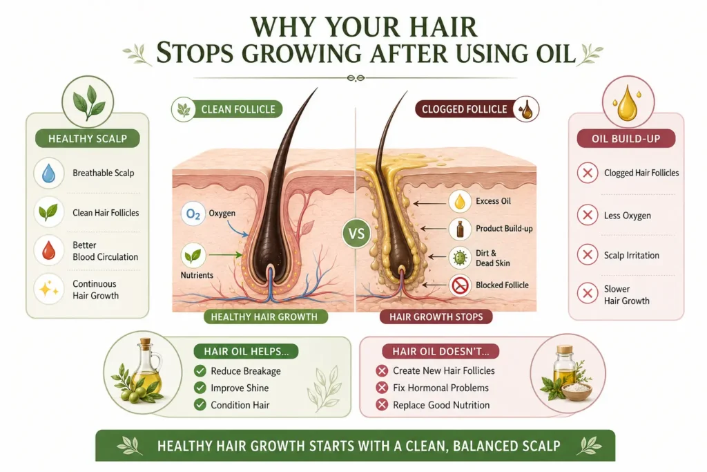 Hair stop growing after using oil infographic comparing a healthy hair follicle with clogged hair follicles caused by excess oil, product build-up, dirt, and dead skin, explaining why hair oil not working can slow hair growth.