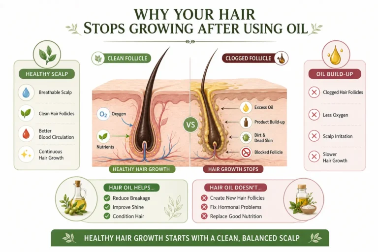 Hair stop growing after using oil infographic comparing a healthy hair follicle with clogged hair follicles caused by excess oil, product build-up, dirt, and dead skin, explaining why hair oil not working can slow hair growth.