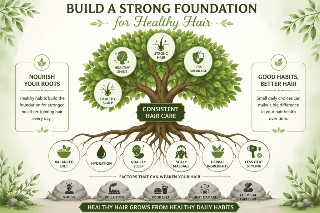 Rosemary vs Bhringraj for Hair Growth infographic showing a healthy hair care foundation tree with roots representing balanced nutrition, hydration, quality sleep, scalp massage, herbal ingredients, and reduced heat styling for stronger, healthier-looking hair.