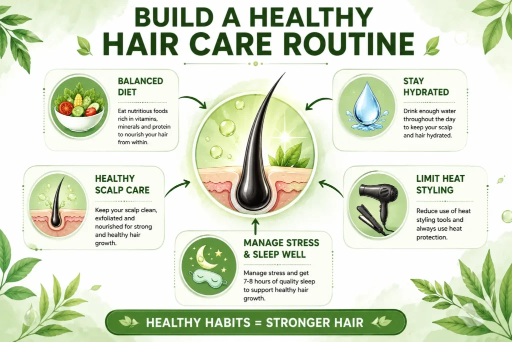 Healthy Hair Tips infographic showing a healthy hair care routine with balanced diet, hydration, healthy scalp care, heat protection, and stress management for stronger hair.