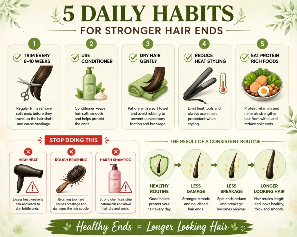 Split Ends infographic showing five daily habits to reduce split ends, including regular trims, conditioner, gentle hair drying, reduced heat styling, and a protein-rich diet for healthier hair.