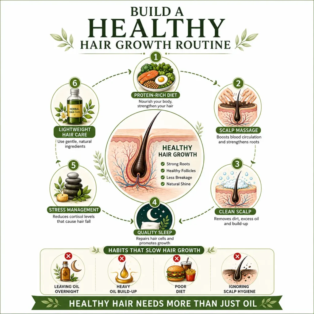 Hair stop growing after using oil infographic showing a healthy hair growth routine with a protein-rich diet, scalp massage, clean scalp, quality sleep, stress management, and lightweight hair care, while explaining why hair oil not working and how to regrow hair naturally.