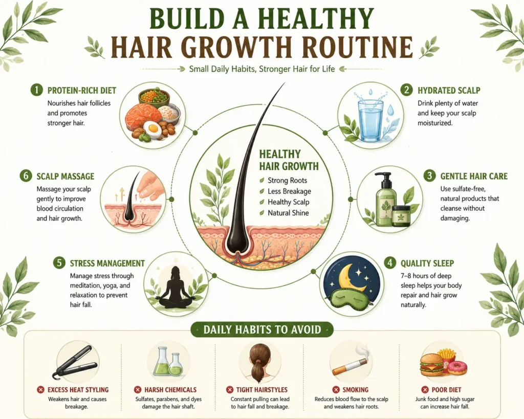 Hair fall reasons infographic showing a healthy hair growth routine with a protein-rich diet, hydrated scalp, gentle hair care, quality sleep, stress management, and scalp massage, while highlighting habits that contribute to excessive hair fall causes and how to stop hair fall naturally.