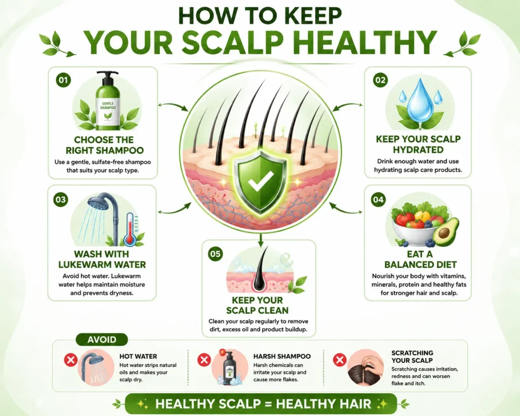Dry Scalp vs Dandruff infographic showing healthy scalp care with the right shampoo, scalp hydration, lukewarm water, a balanced diet, proper scalp hygiene, and habits to avoid for a healthier scalp.