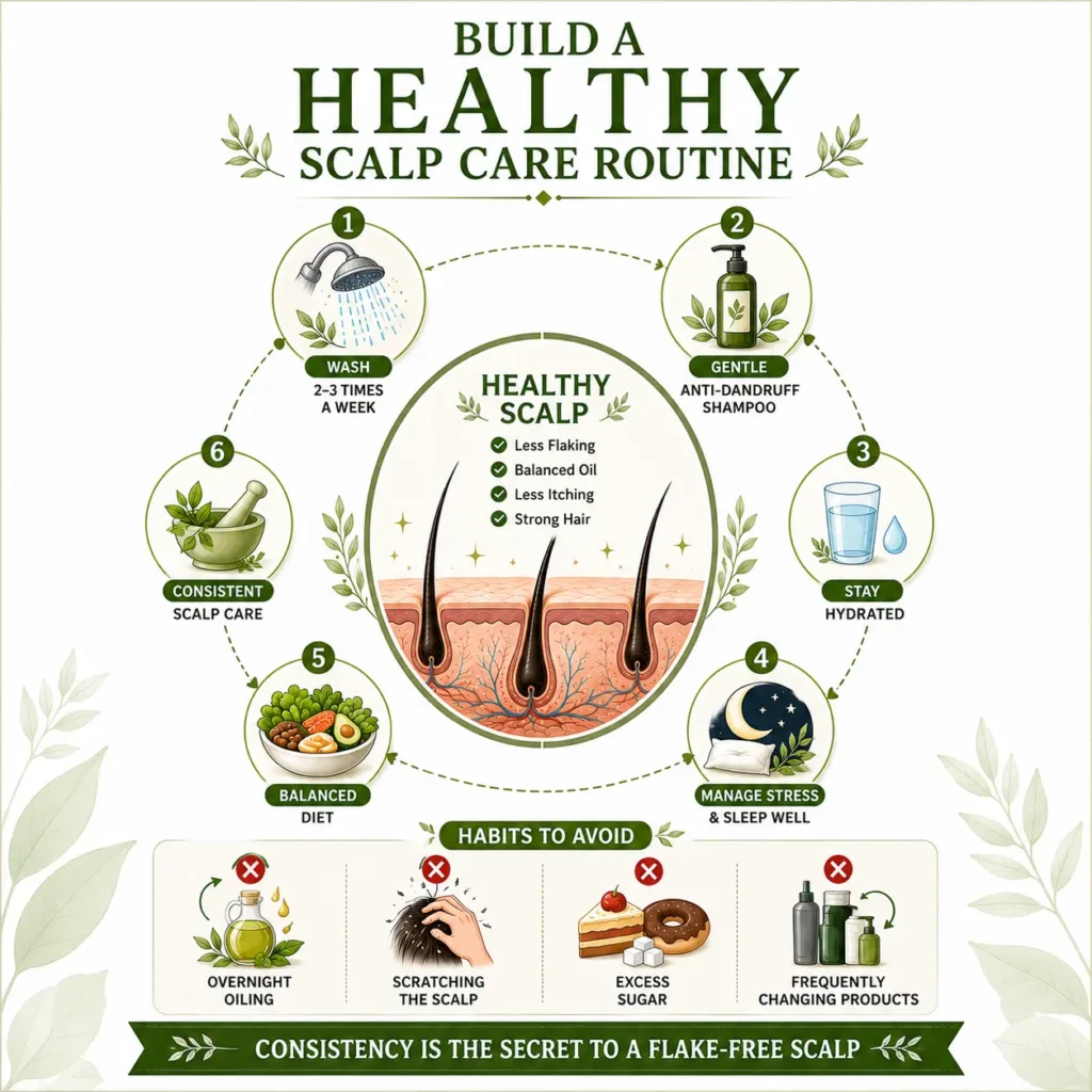 Habits that make dandruff worse infographic showing a healthy scalp care routine with regular washing, gentle anti-dandruff shampoo, hydration, stress management, a balanced diet, and consistent scalp care to help stop dandruff and reduce flaky scalp.