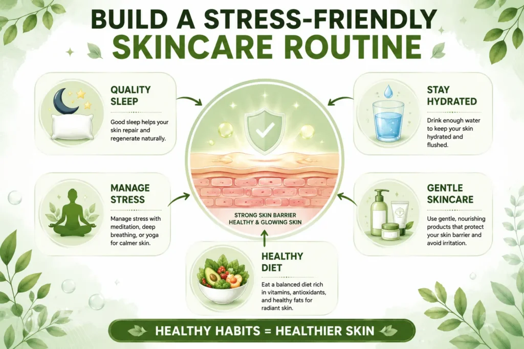 Stress and Skin infographic showing a stress-friendly skincare routine with quality sleep, hydration, gentle skincare, stress management, and a healthy diet for healthier-looking skin.
