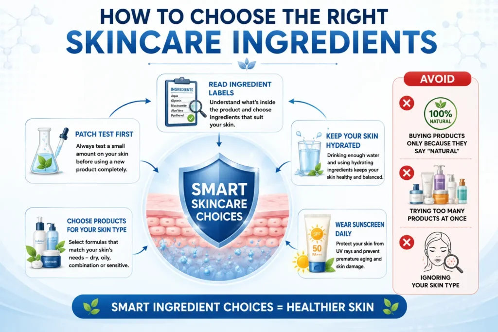 Natural Skincare Ingredients infographic showing how to choose skincare products by reading ingredient labels, patch testing, selecting products for your skin type, staying hydrated, and wearing sunscreen daily.