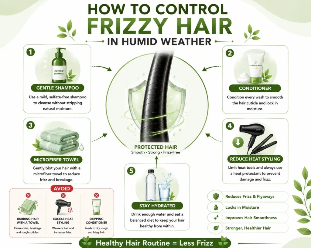 Hair Frizz in Humidity infographic showing a gentle shampoo, conditioner, microfiber towel, reduced heat styling, and hydration to help control frizzy hair during humid weather.