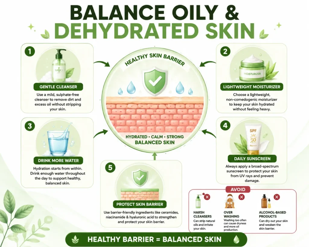 How to Hydrate Oily Skin infographic showing a gentle cleanser, lightweight moisturizer, drinking more water, daily sunscreen, and skin barrier protection for balanced skin.