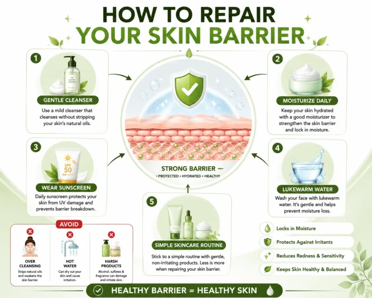 Skin Barrier Damage infographic showing how to repair the skin barrier with gentle cleansing, daily moisturizing, sunscreen, lukewarm water, and a simple skincare routine.