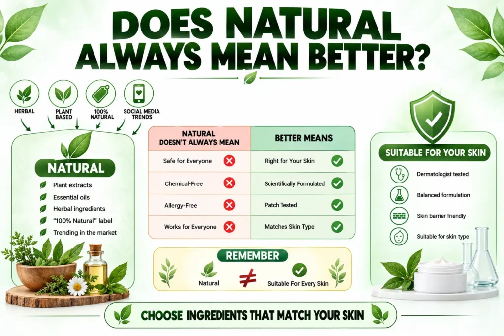 Natural Skincare Ingredients infographic comparing natural ingredients with skin-friendly skincare formulations, showing why natural does not always mean better for every skin type.