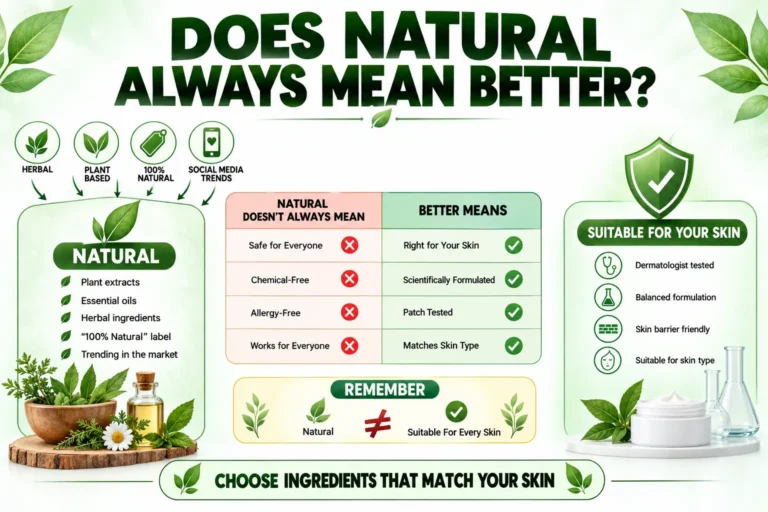 Natural Skincare Ingredients infographic comparing natural ingredients with skin-friendly skincare formulations, showing why natural does not always mean better for every skin type.
