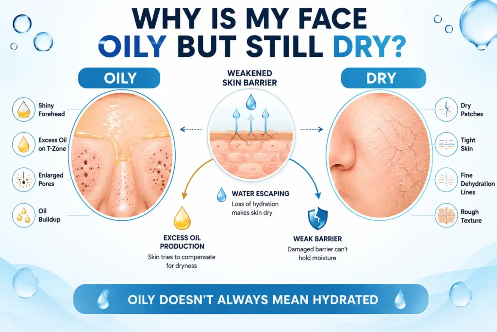 Skin Barrier Damage infographic showing a healthy skin barrier versus a damaged skin barrier caused by over cleansing, harsh cleansers, hot water, and over exfoliation.