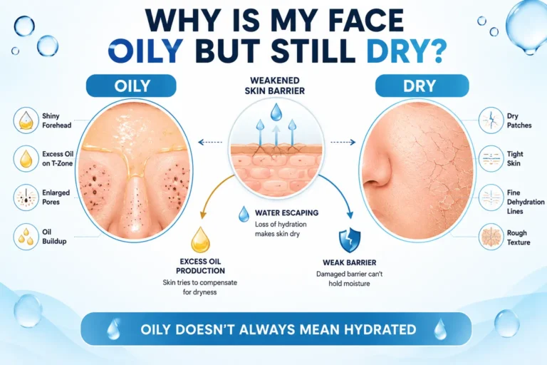 Skin Barrier Damage infographic showing a healthy skin barrier versus a damaged skin barrier caused by over cleansing, harsh cleansers, hot water, and over exfoliation.