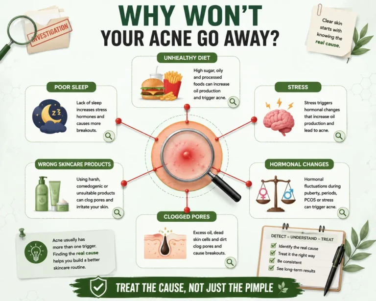 Persistent Acne infographic showing hidden acne causes, including clogged pores, hormonal changes, stress, poor sleep, unhealthy diet, and unsuitable skincare products that may contribute to recurring breakouts.