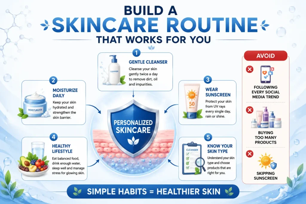 Skincare Myths infographic showing a personalized skincare routine with gentle cleansing, daily moisturizing, sunscreen, healthy lifestyle habits, and choosing products based on your skin type.
