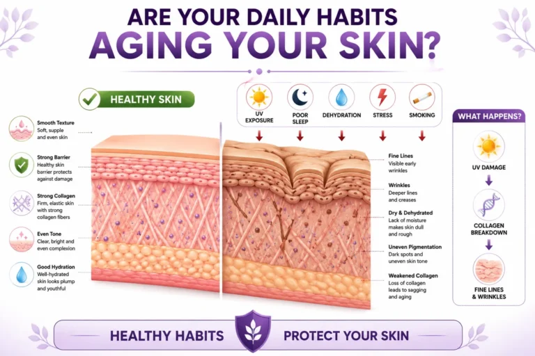 Premature Skin Aging infographic showing healthy skin versus aged skin caused by UV exposure, stress, dehydration, poor sleep, smoking, and collagen loss.