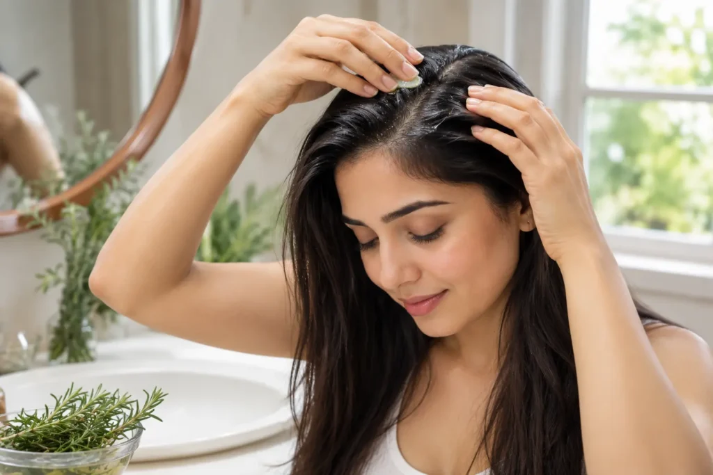 Dandruff keeps coming back as a woman applies rosemary scalp gel during her scalp care routine