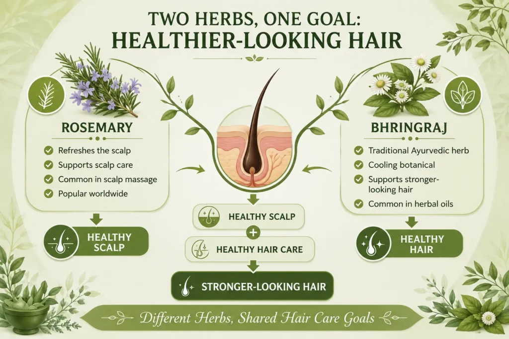 Rosemary vs Bhringraj for Hair Growth infographic showing how Rosemary supports scalp care and Bhringraj supports stronger-looking hair through traditional Ayurvedic benefits for thinning hair.