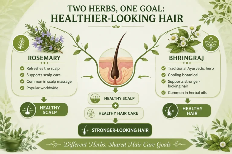 Rosemary vs Bhringraj for Hair Growth infographic showing how Rosemary supports scalp care and Bhringraj supports stronger-looking hair through traditional Ayurvedic benefits for thinning hair.