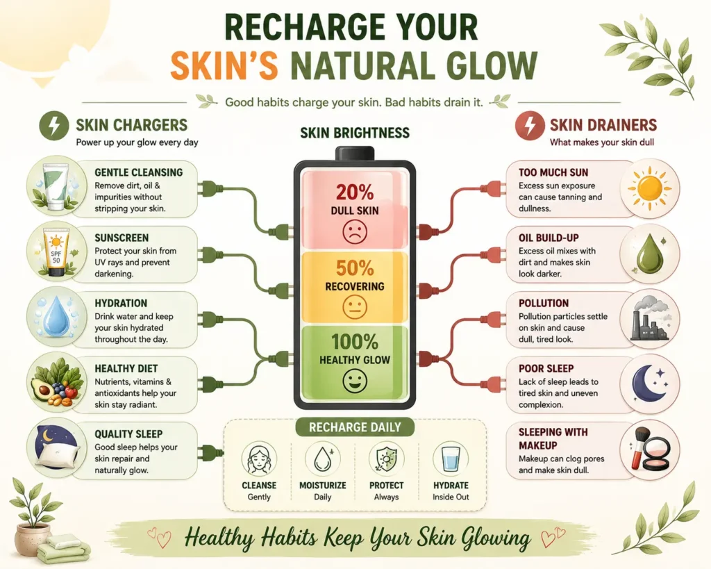 Face Looks Darker by Evening infographic showing how healthy habits like gentle cleansing, sunscreen, hydration, a balanced diet, and quality sleep help maintain skin brightness while sun exposure, excess oil, pollution, poor sleep, and sleeping with makeup can make skin appear dull.