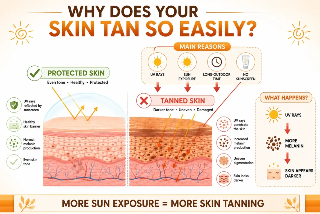 Skin Tanning Causes infographic showing protected skin versus tanned skin caused by UV rays, increased melanin, sun exposure, and lack of sunscreen.