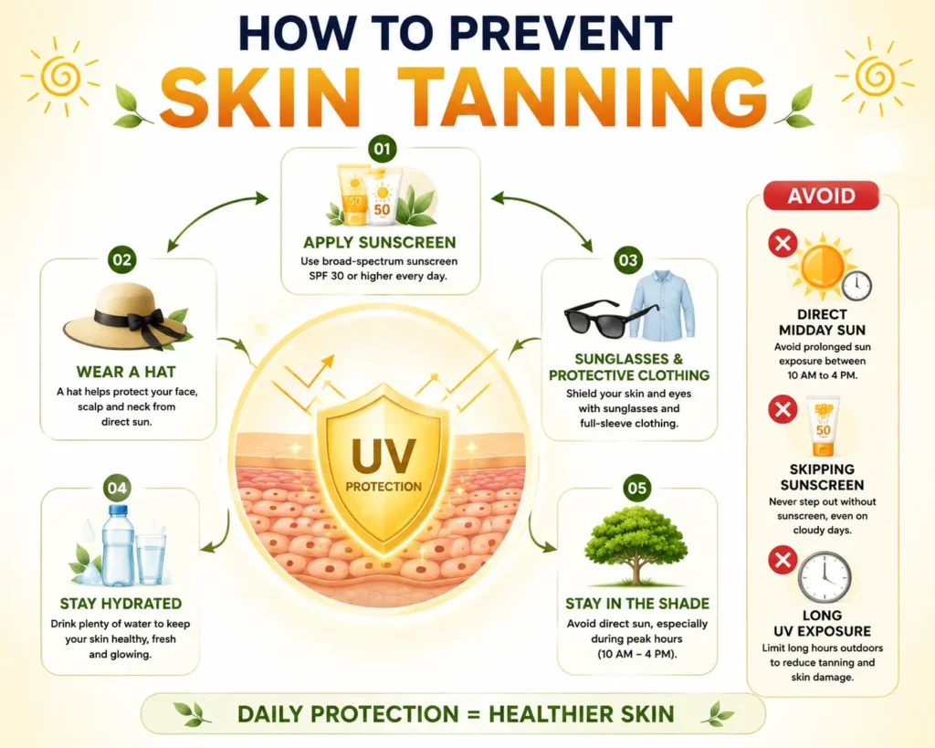 Skin Tanning Causes infographic showing sunscreen, protective clothing, hydration, shade, and UV protection to help prevent skin tanning and support healthy skin.