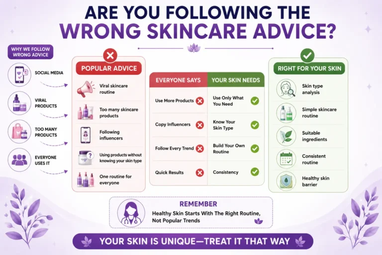 Skincare Myths infographic comparing trending skincare advice with personalized skincare routines, showing why popular skincare tips may not suit every skin type.