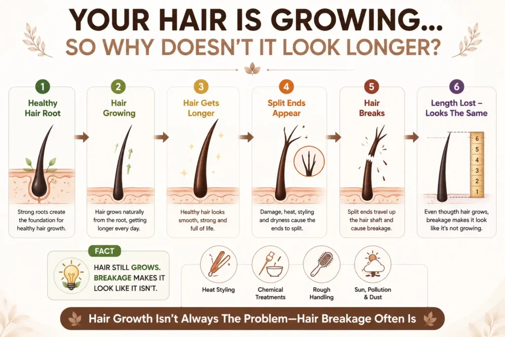 Split Ends infographic illustrating the hair growth journey from healthy roots to split ends, hair breakage, and reduced visible hair length caused by damaged hair ends.