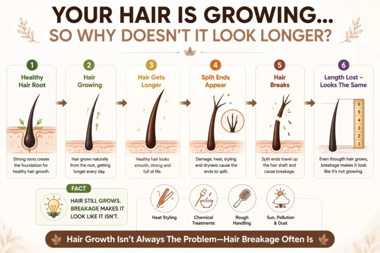 Split Ends infographic illustrating the hair growth journey from healthy roots to split ends, hair breakage, and reduced visible hair length caused by damaged hair ends.