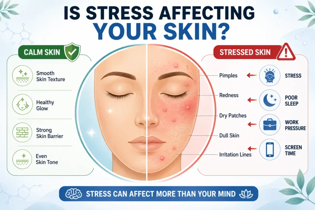 Stress and Skin infographic showing how stress can cause acne, redness, dry skin, dull complexion, and skin irritation.