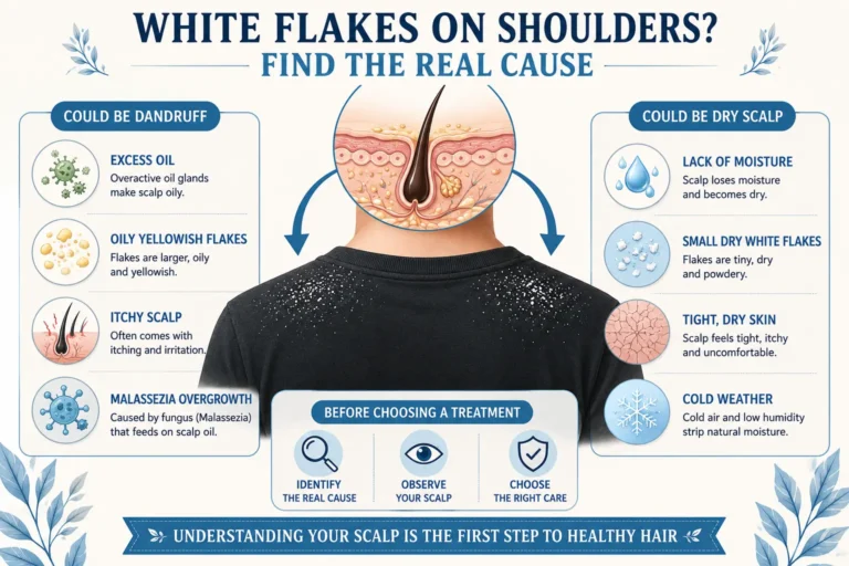 White flakes on shoulders infographic comparing dandruff vs dry scalp, explaining white flakes in hair causes, flaky scalp meaning, and the key differences to help identify the right treatment.
