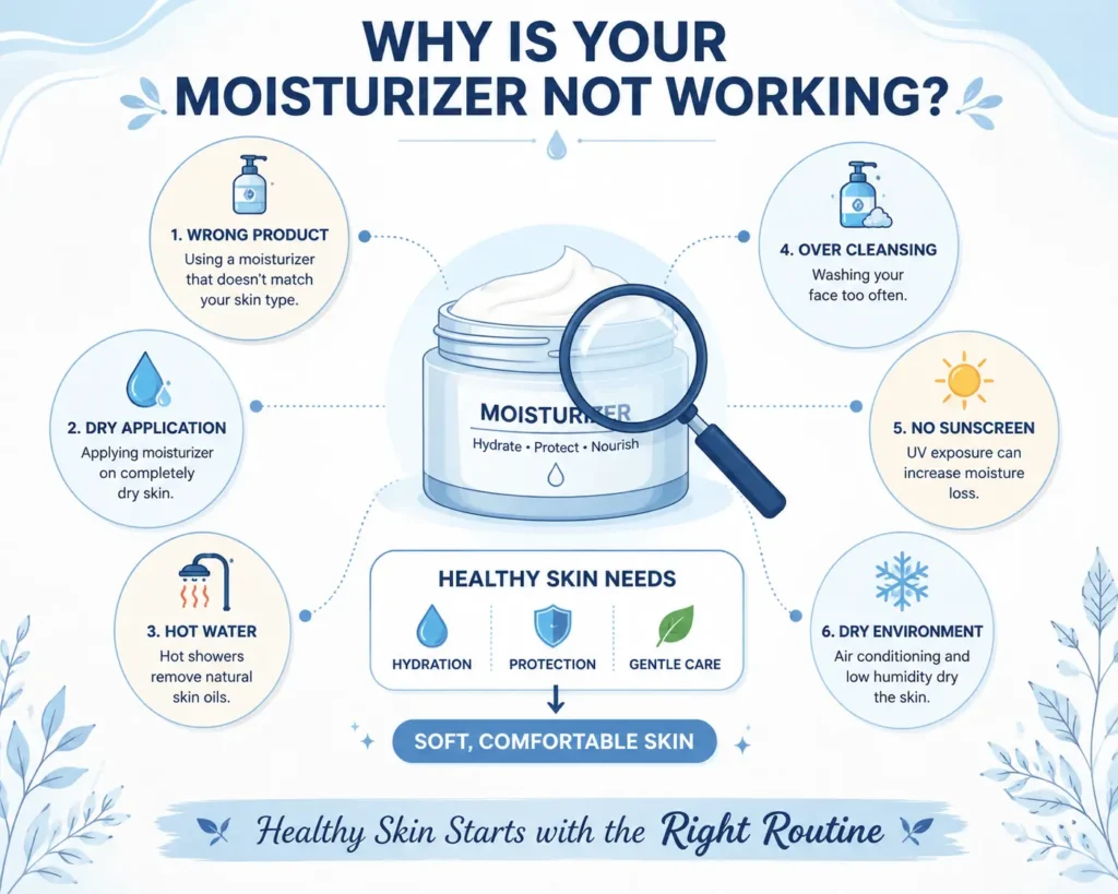 Why Moisturizer Is Not Working infographic showing six common reasons a moisturizer may not work, including using the wrong product, applying it on dry skin, hot water, over cleansing, skipping sunscreen, and a dry environment, along with the essentials for healthy, hydrated skin.