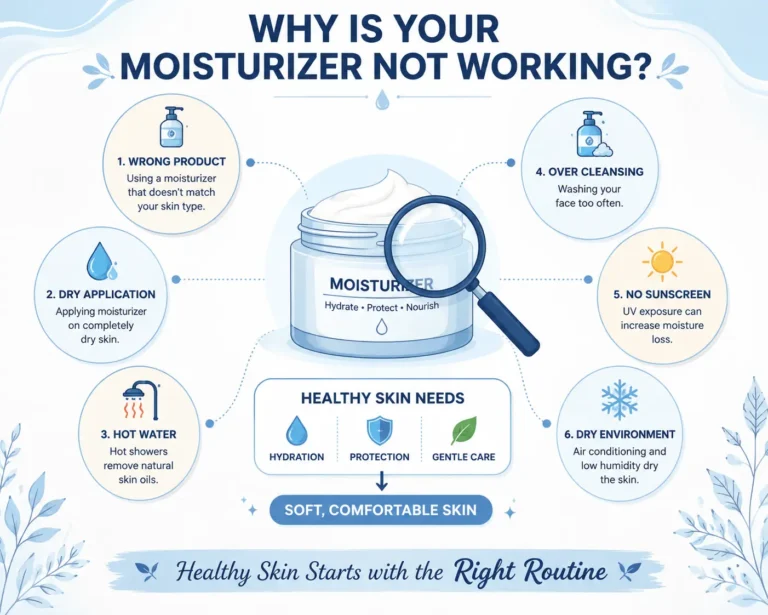 Why Moisturizer Is Not Working infographic showing six common reasons a moisturizer may not work, including using the wrong product, applying it on dry skin, hot water, over cleansing, skipping sunscreen, and a dry environment, along with the essentials for healthy, hydrated skin.