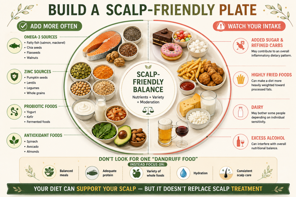 Can diet affect your dandruff infographic showing a scalp-friendly food plate with omega-3 foods, zinc sources, probiotic foods, antioxidant-rich foods, and foods to consume in moderation.