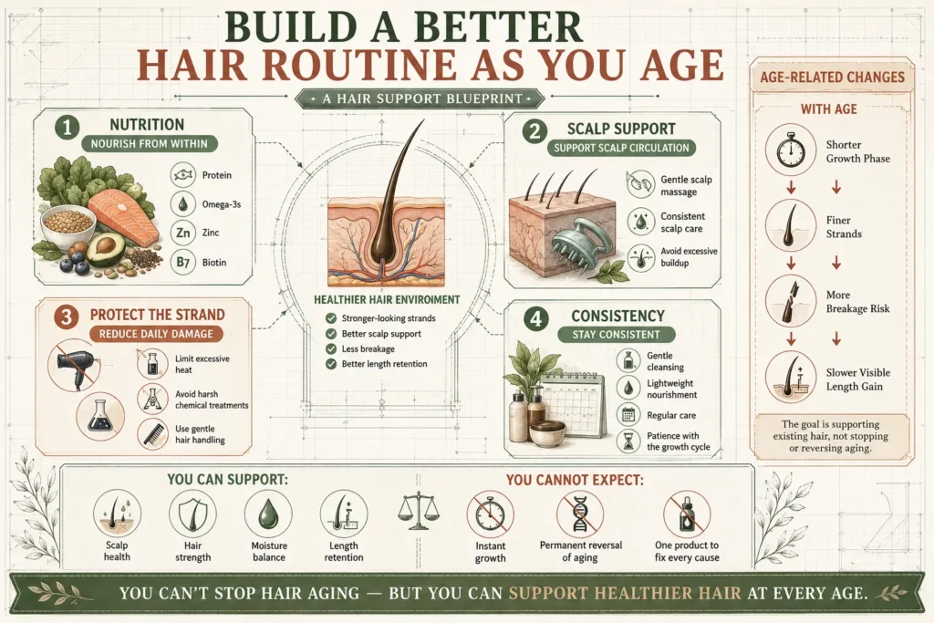 Why does hair growth slow down after a certain age infographic showing an aging hair support blueprint with nutrition, scalp care, strand protection, consistency, and realistic hair growth expectations.