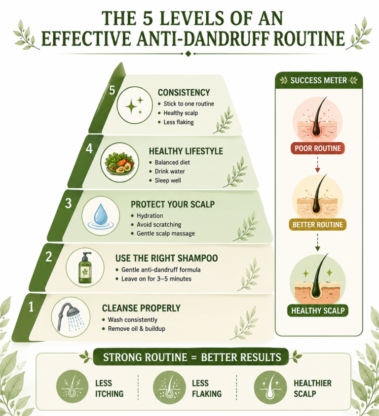 Anti dandruff hair care routine infographic showing a five-level scalp care pyramid with proper cleansing, gentle anti-dandruff shampoo, scalp protection, healthy lifestyle habits, and consistency to support a healthier, flake-free scalp.