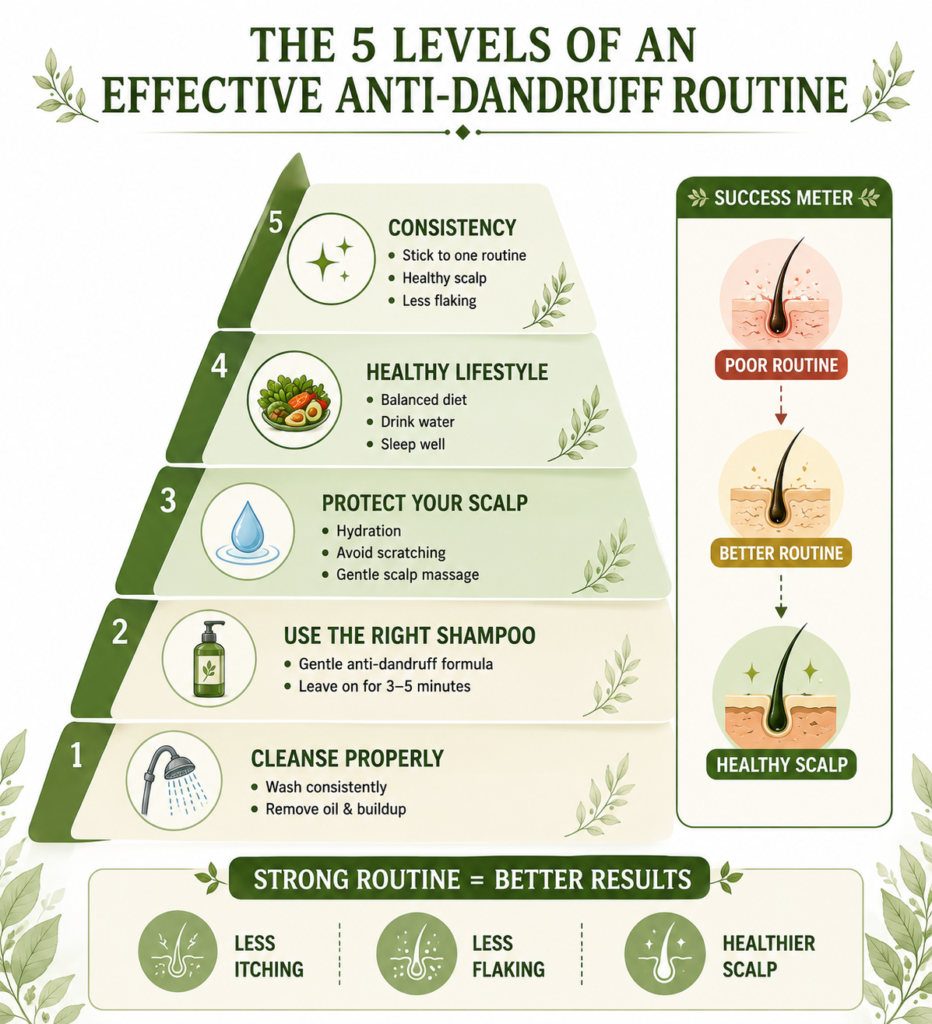 Anti dandruff hair care routine infographic showing a five-level scalp care pyramid with proper cleansing, gentle anti-dandruff shampoo, scalp protection, healthy lifestyle habits, and consistency to support a healthier, flake-free scalp.