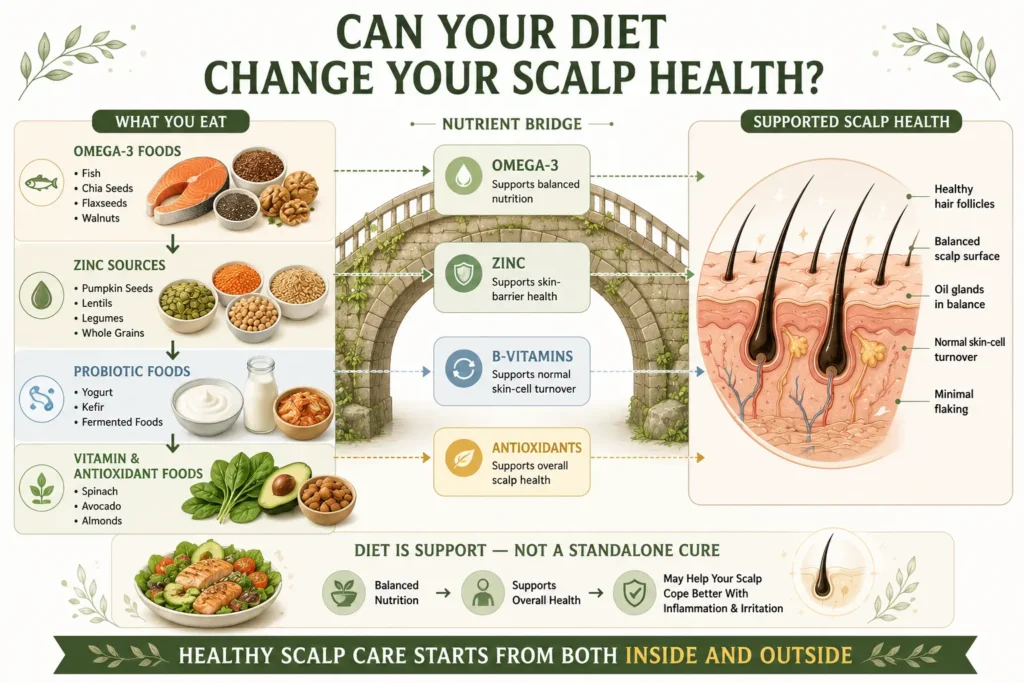 Can diet affect your dandruff infographic showing how omega-3 foods, zinc, B-vitamins, probiotics, and antioxidants may support a healthy scalp and help manage dandruff.
