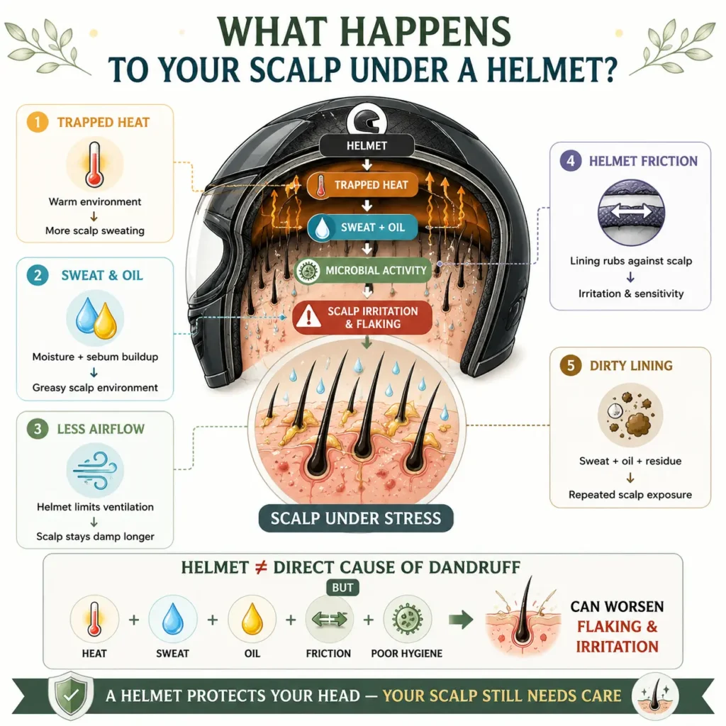 Does wearing a helmet cause dandruff infographic showing how trapped heat, sweat, oil, reduced airflow, helmet friction, and dirty helmet lining can worsen scalp irritation and flaking.