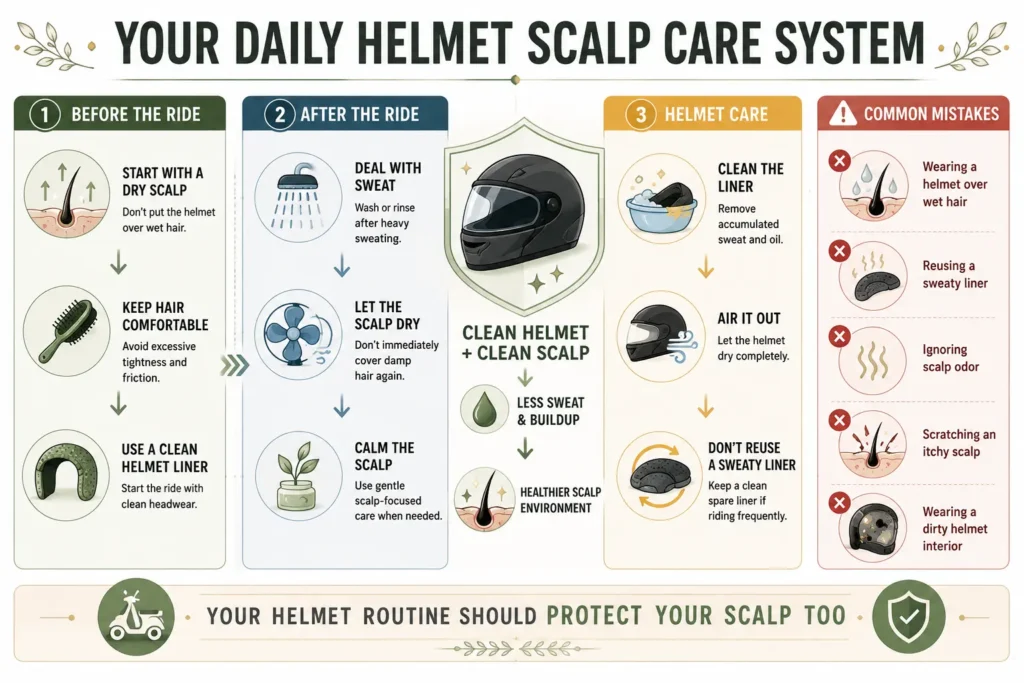 Does wearing a helmet cause dandruff infographic showing a daily helmet scalp care routine including starting with a dry scalp, managing sweat, cleaning the helmet liner, airing out the helmet, and avoiding common scalp care mistakes.