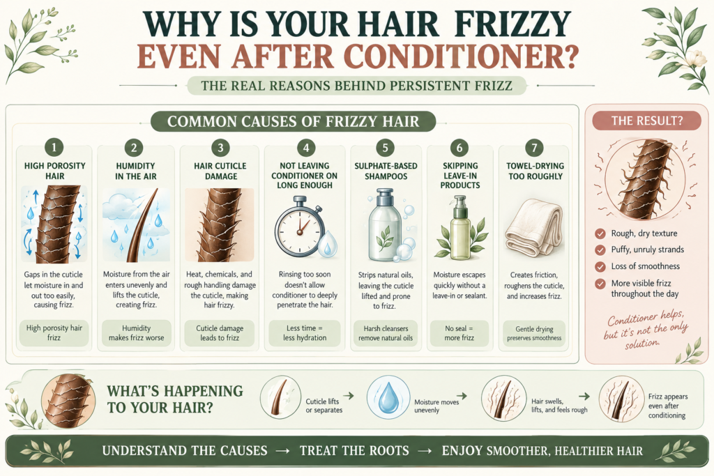 Hair frizzy even after conditioner infographic showing common causes of persistent frizz, including high porosity hair, humidity, hair cuticle damage, harsh shampoos, skipping leave-in products, and rough towel drying.