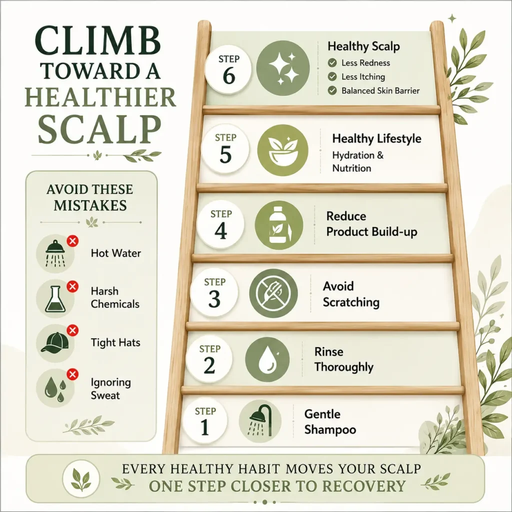 Red and irritated scalp infographic showing a step-by-step scalp recovery ladder with gentle shampoo, thorough rinsing, avoiding scratching, reducing product build-up, healthy lifestyle habits, and consistent scalp care to help soothe an irritated scalp naturally.