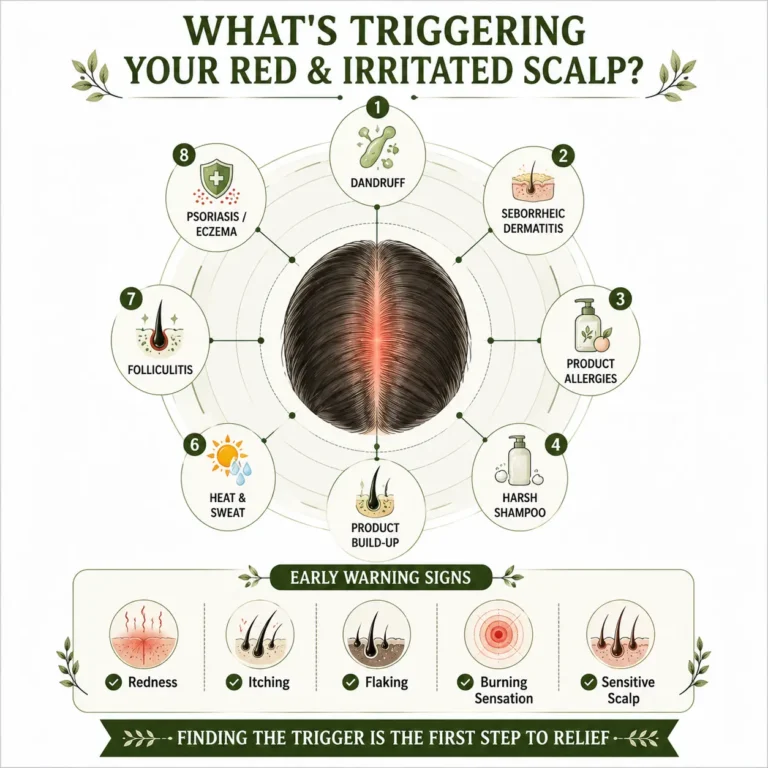 Red and irritated scalp infographic showing common scalp irritation causes including dandruff, seborrheic dermatitis scalp, product allergies, harsh shampoo, product build-up, heat and sweat, folliculitis, and psoriasis or eczema.