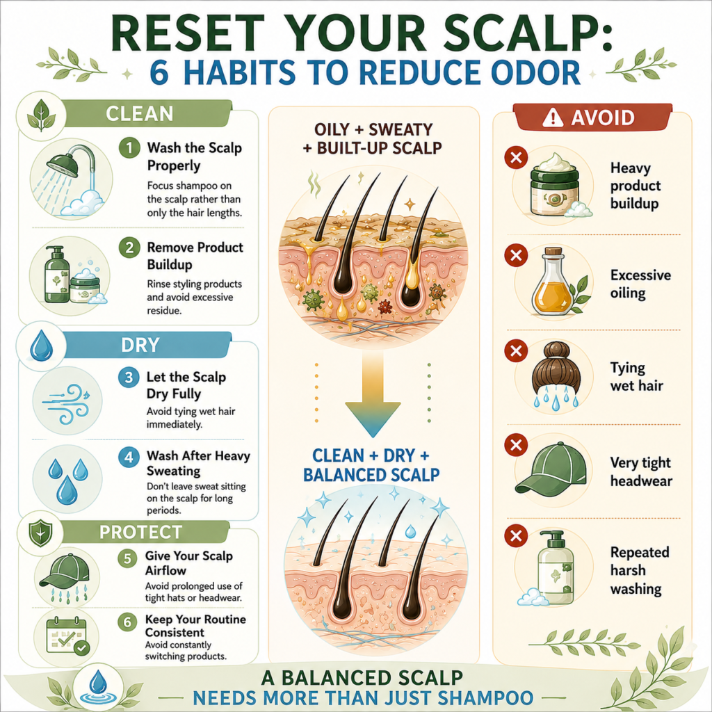 Scalp odor remedies infographic showing a six-step scalp reset routine for reducing odor through proper washing, removing product buildup, drying the scalp, washing after sweating, allowing airflow, and maintaining consistent scalp care.