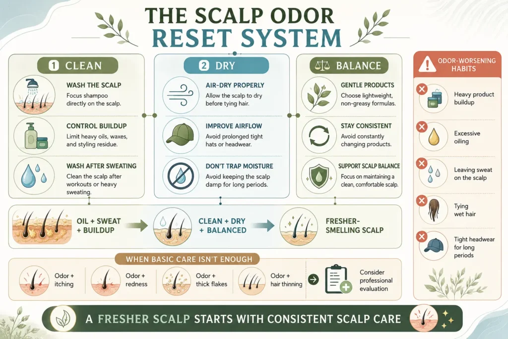 Scalp smells bad after shampooing infographic showing a scalp odor reset system with washing, drying, airflow, product buildup control, and consistent scalp care.