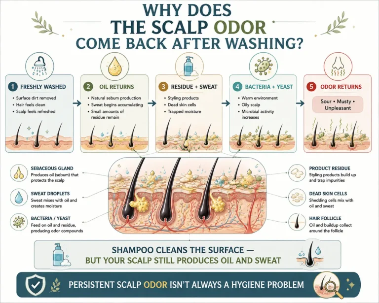 Scalp smells bad after shampooing infographic showing how oil, sweat, product buildup, bacteria, and yeast can cause scalp odor to return after washing.
