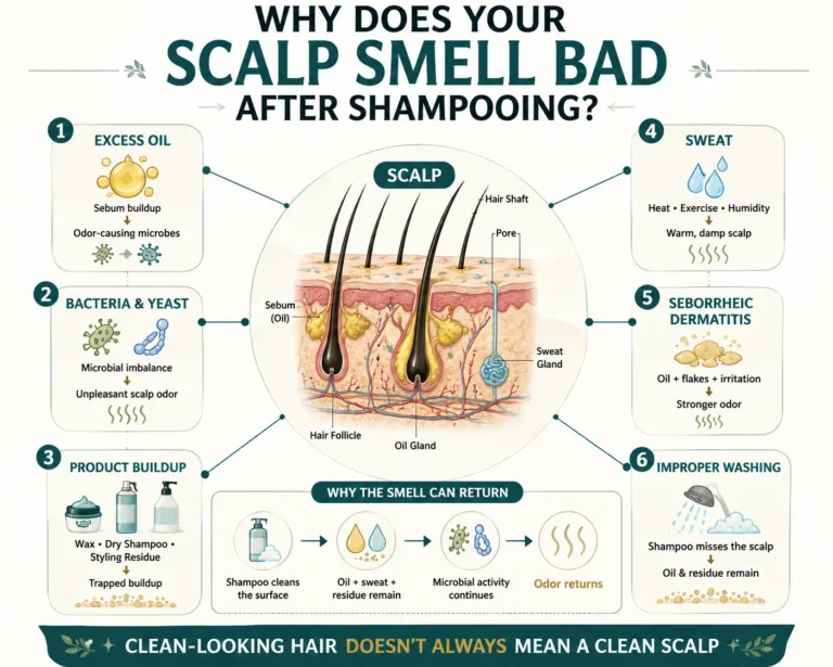 Scalp smells bad after shampooing infographic showing common causes including excess oil, bacteria and yeast, product buildup, sweat, seborrheic dermatitis, and improper washing.