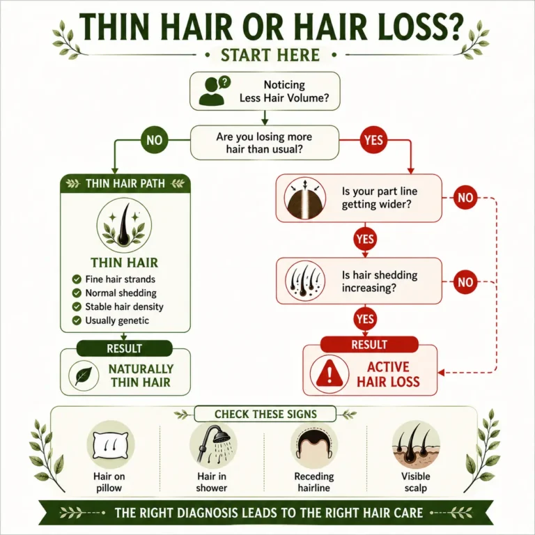 Thin hair vs hair loss infographic showing a decision tree to identify signs of hair loss, how to tell if hair is thinning, and the difference between naturally thin hair and active hair loss.