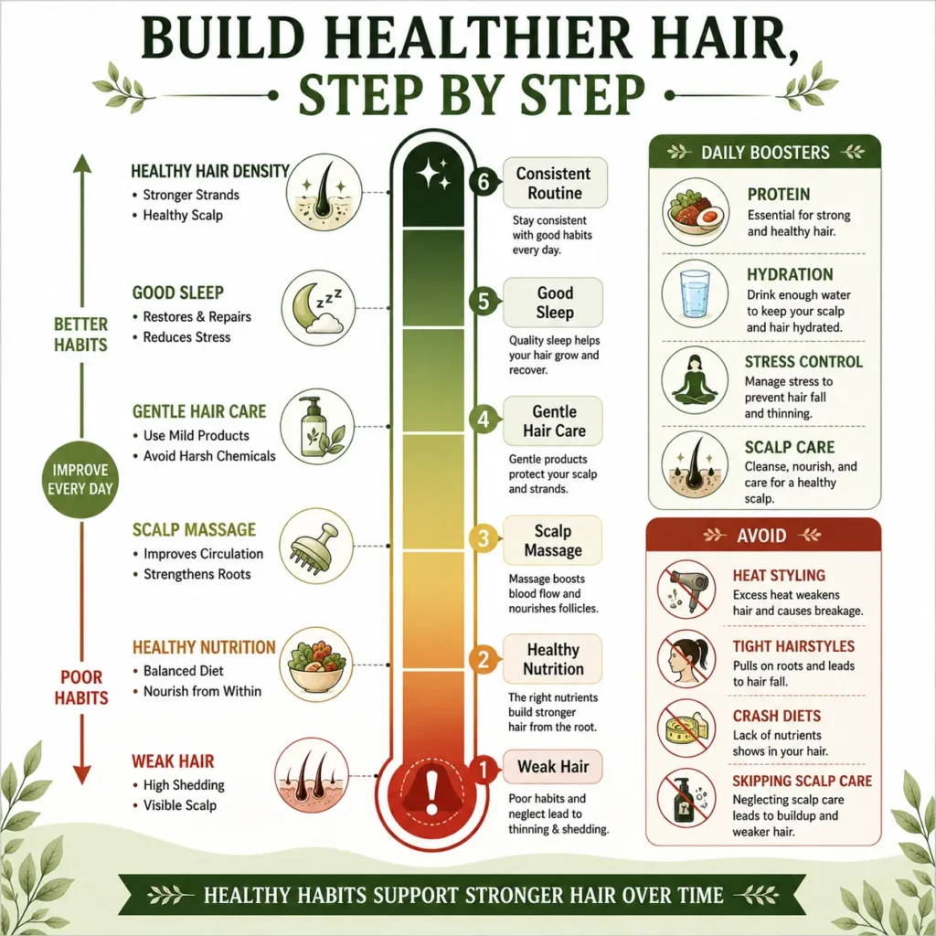 Thin hair vs hair loss infographic showing a hair density meter with healthy nutrition, scalp massage, gentle hair care, quality sleep, and a consistent routine to improve hair density, along with signs of hair loss and healthy hair care habits.